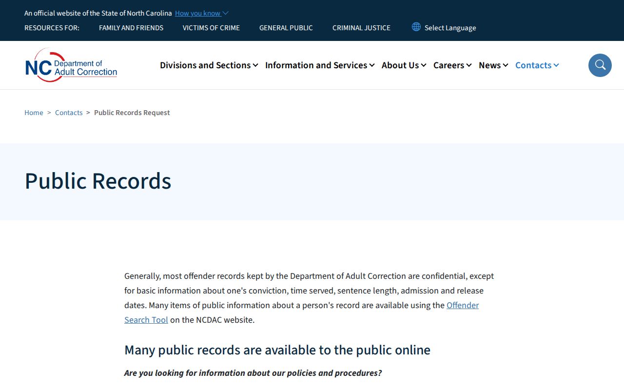 Albemarle Correctional Institution NCDAC release records request channel