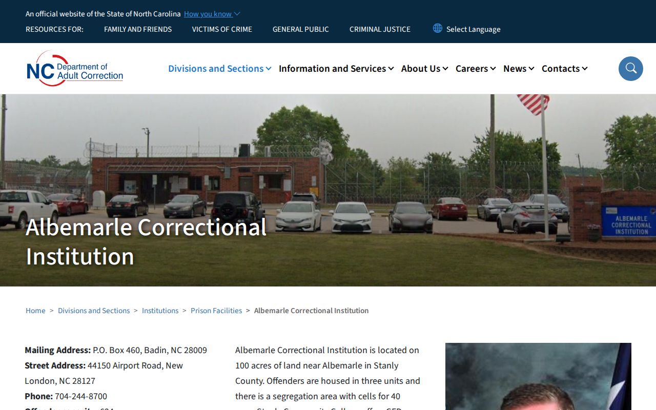 Albemarle Correctional Institution release information and NCDAC facility page