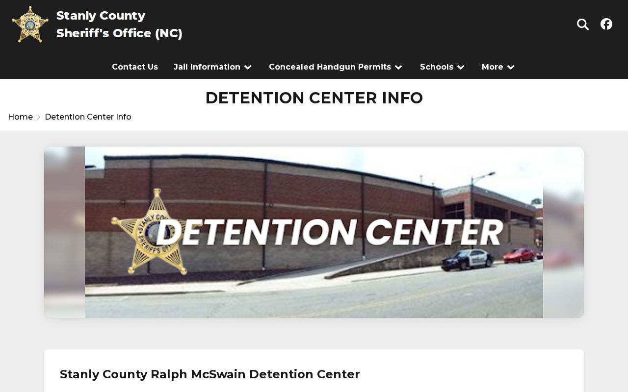 Stanly County Ralph McSwain Detention Center release and Booking contact